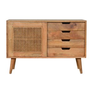 Solid Mango Wood Oak Finished 4 Drawer 1 Rattan Door Larissa Cabinet