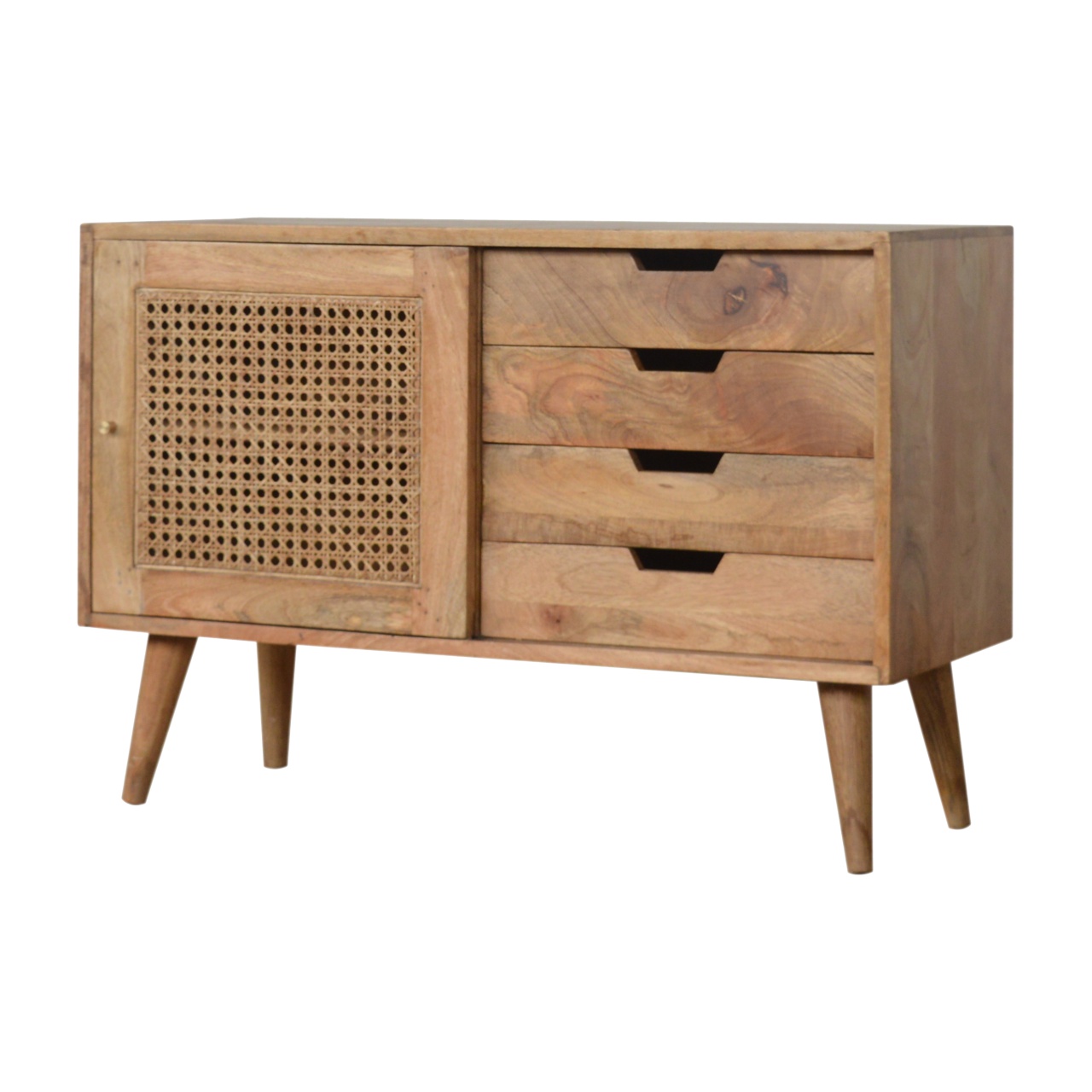 Solid Mango Wood Oak Finished 4 Drawer 1 Rattan Door Larissa Cabinet - Image 3
