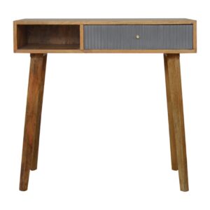 Solid Mango Wood Oak Finished 1 Drawer Hand Painted Grey Line Carved Writing Desk