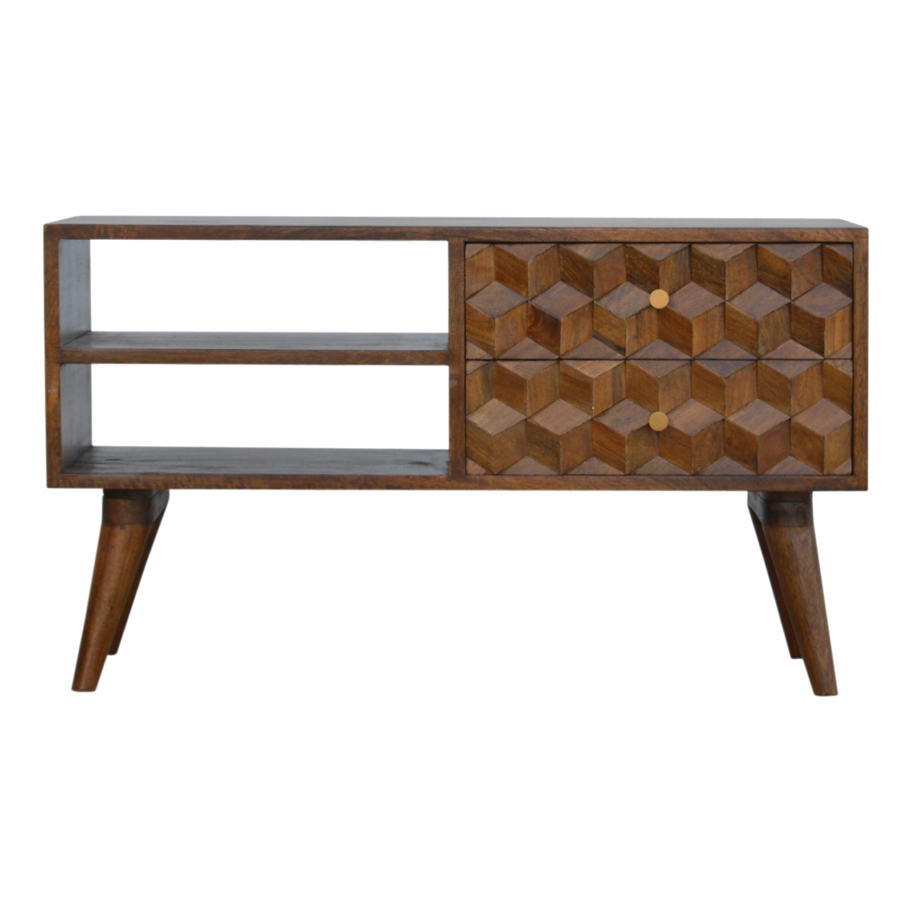 Solid Mango Wood Chestnut Finished 2 Drawer 2 Slot Cube Carved Media Unit