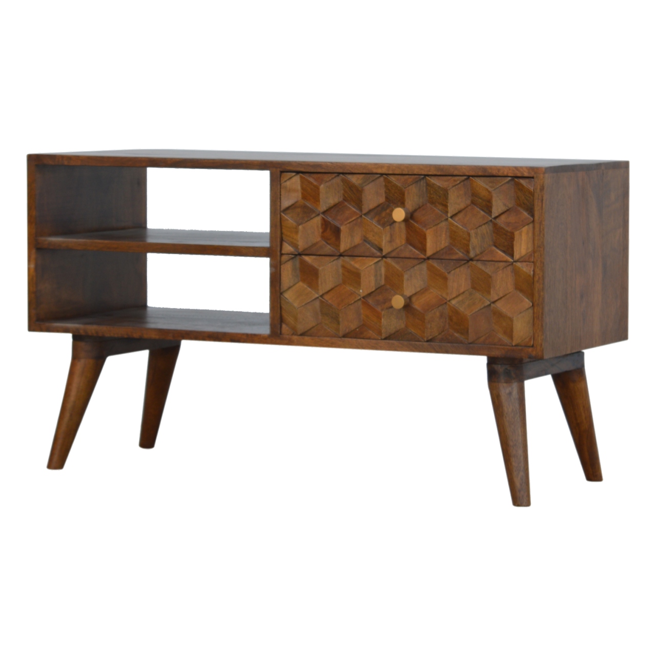 Solid Mango Wood Chestnut Finished 2 Drawer 2 Slot Cube Carved Media Unit - Image 3