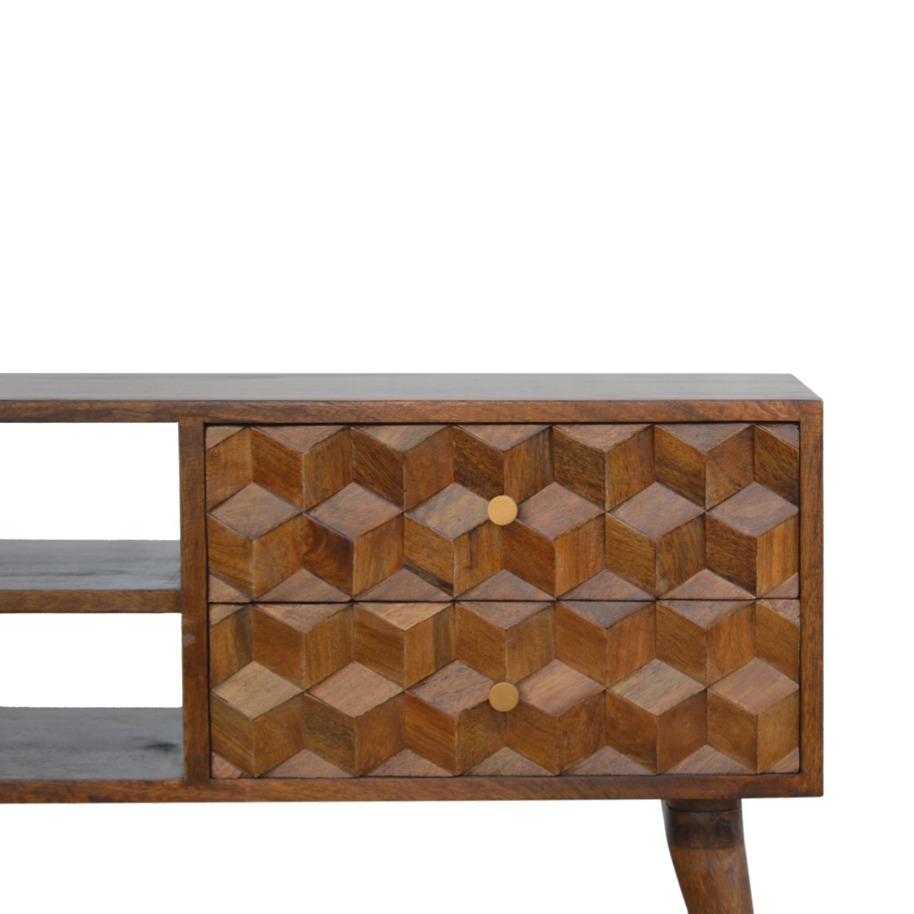 Solid Mango Wood Chestnut Finished 2 Drawer 2 Slot Cube Carved Media Unit - Image 4