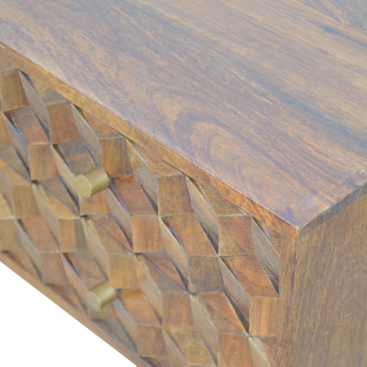 Solid Mango Wood Chestnut Finished 2 Drawer 2 Slot Cube Carved Media Unit - Image 5