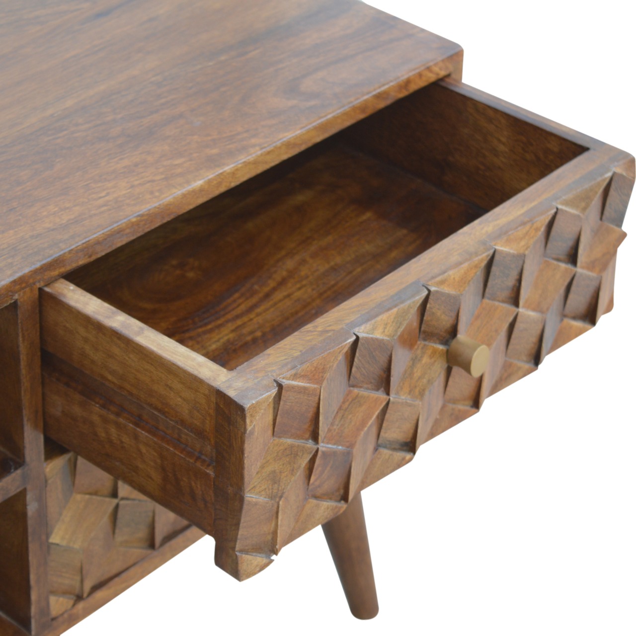 Solid Mango Wood Chestnut Finished 2 Drawer 2 Slot Cube Carved Media Unit - Image 6