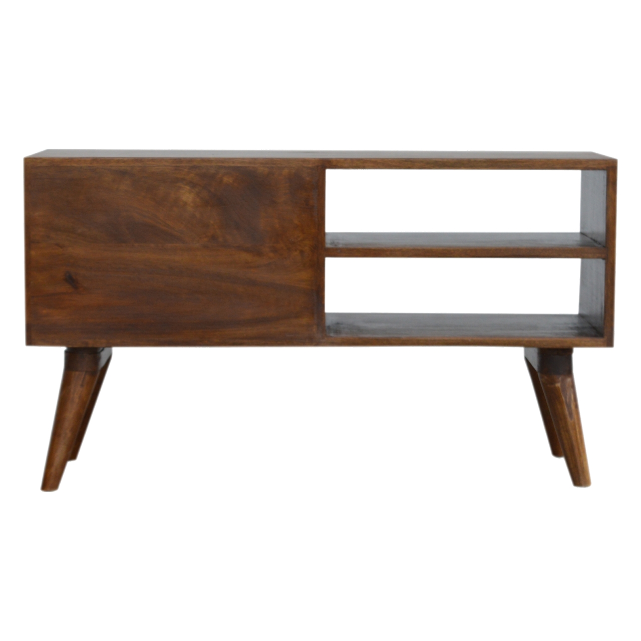 Solid Mango Wood Chestnut Finished 2 Drawer 2 Slot Cube Carved Media Unit - Image 9
