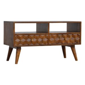 Solid Mango Wood Chestnut Cube Carved Media Unit with 2 Drawers