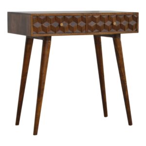Solid Mango Wood Chestnut Finished Cube Carved 2 Drawer Console Table1