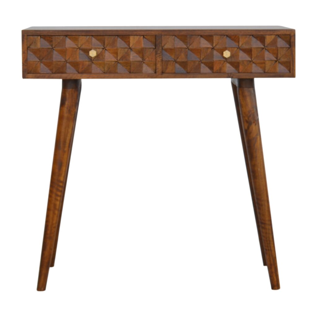 Solid Mango Wood Chestnut Finished 2 Drawer Diamond Carved Console Table