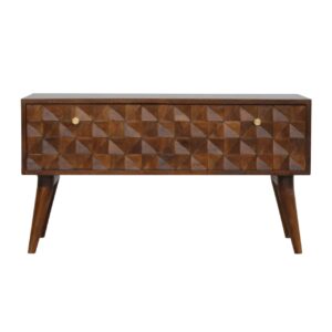 Solid Mango Wood Chestnut Finished Diamond Carved Storage Hall Bench