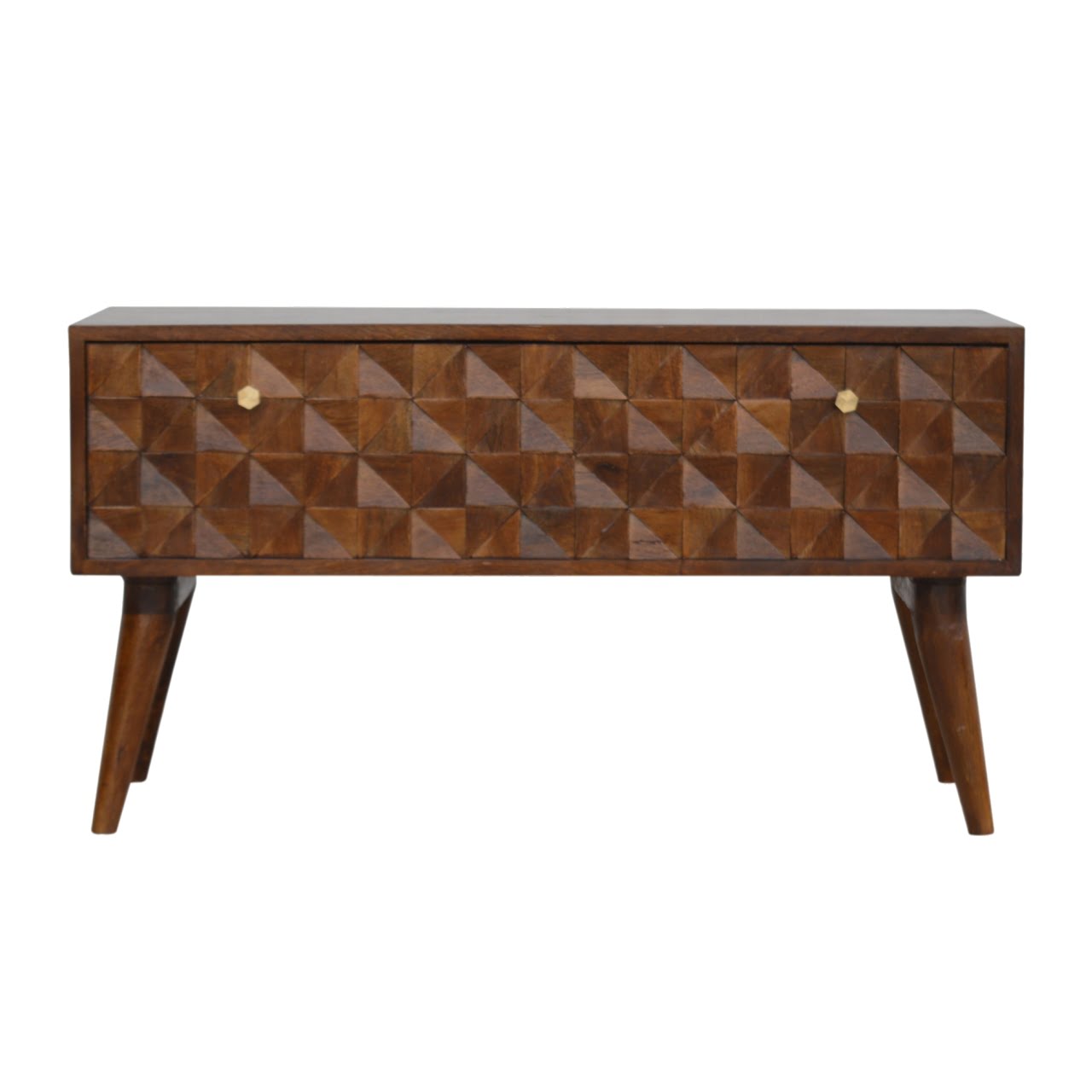 Solid Mango Wood Chestnut Finished Diamond Carved Storage Hall Bench