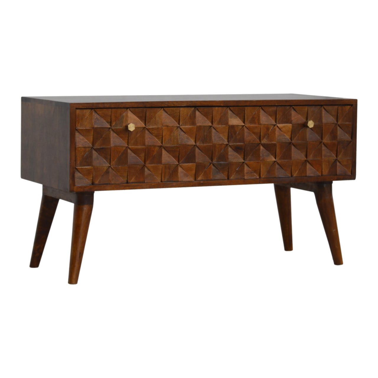 Solid Mango Wood Chestnut Finished Diamond Carved Storage Hall Bench - Image 2