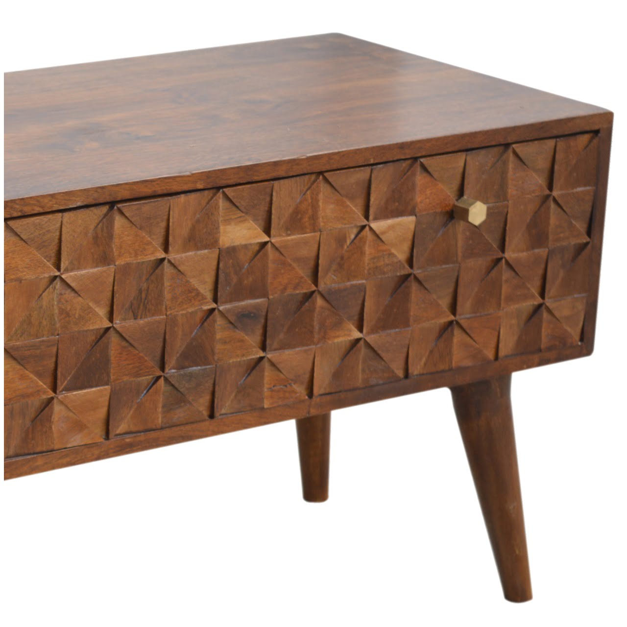 Solid Mango Wood Chestnut Finished Diamond Carved Storage Hall Bench - Image 4