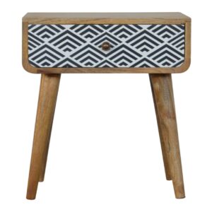 Solid Mango Wood Oak Finished 1 Drawer Hand Painted Monochrome Print Bedside