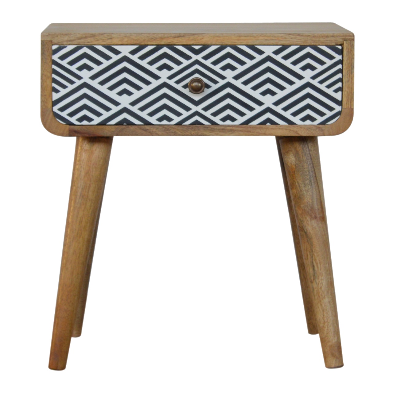 Solid Mango Wood Oak Finished 1 Drawer Hand Painted Monochrome Print Bedside