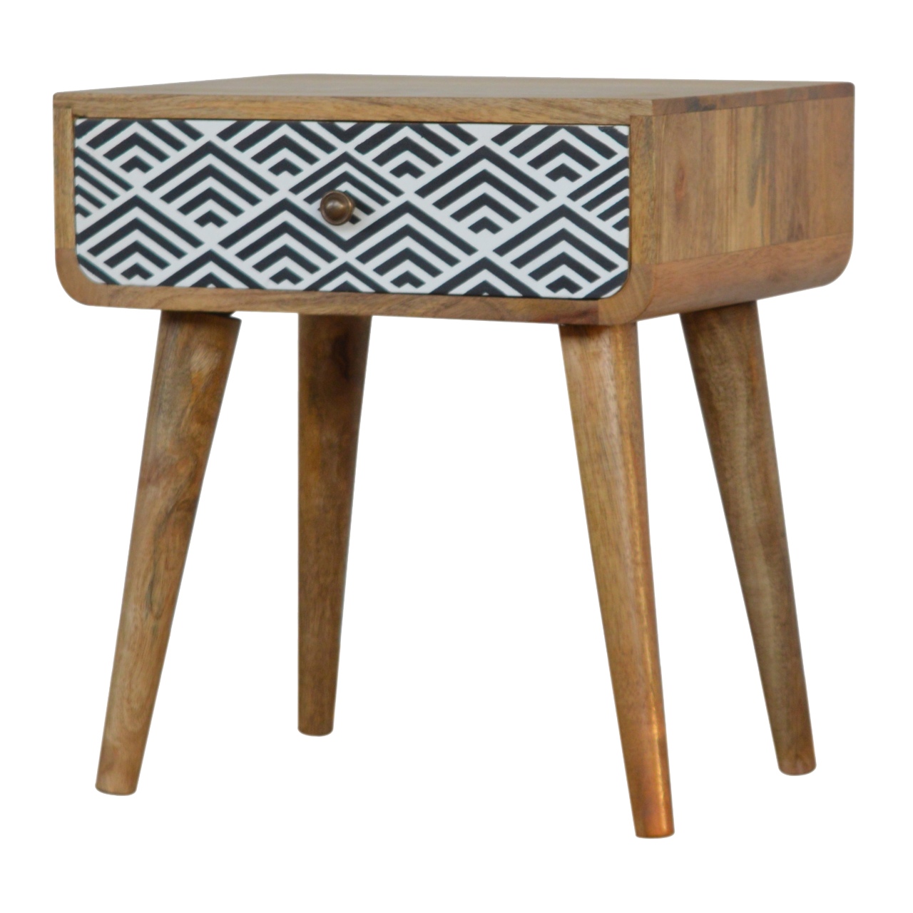 Solid Mango Wood Oak Finished 1 Drawer Hand Painted Monochrome Print Bedside - Image 3