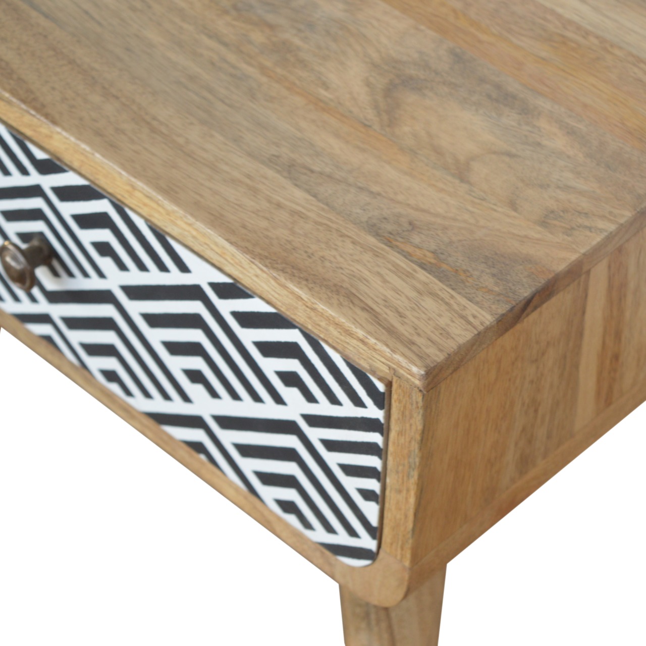 Solid Mango Wood Oak Finished 1 Drawer Hand Painted Monochrome Print Bedside - Image 5