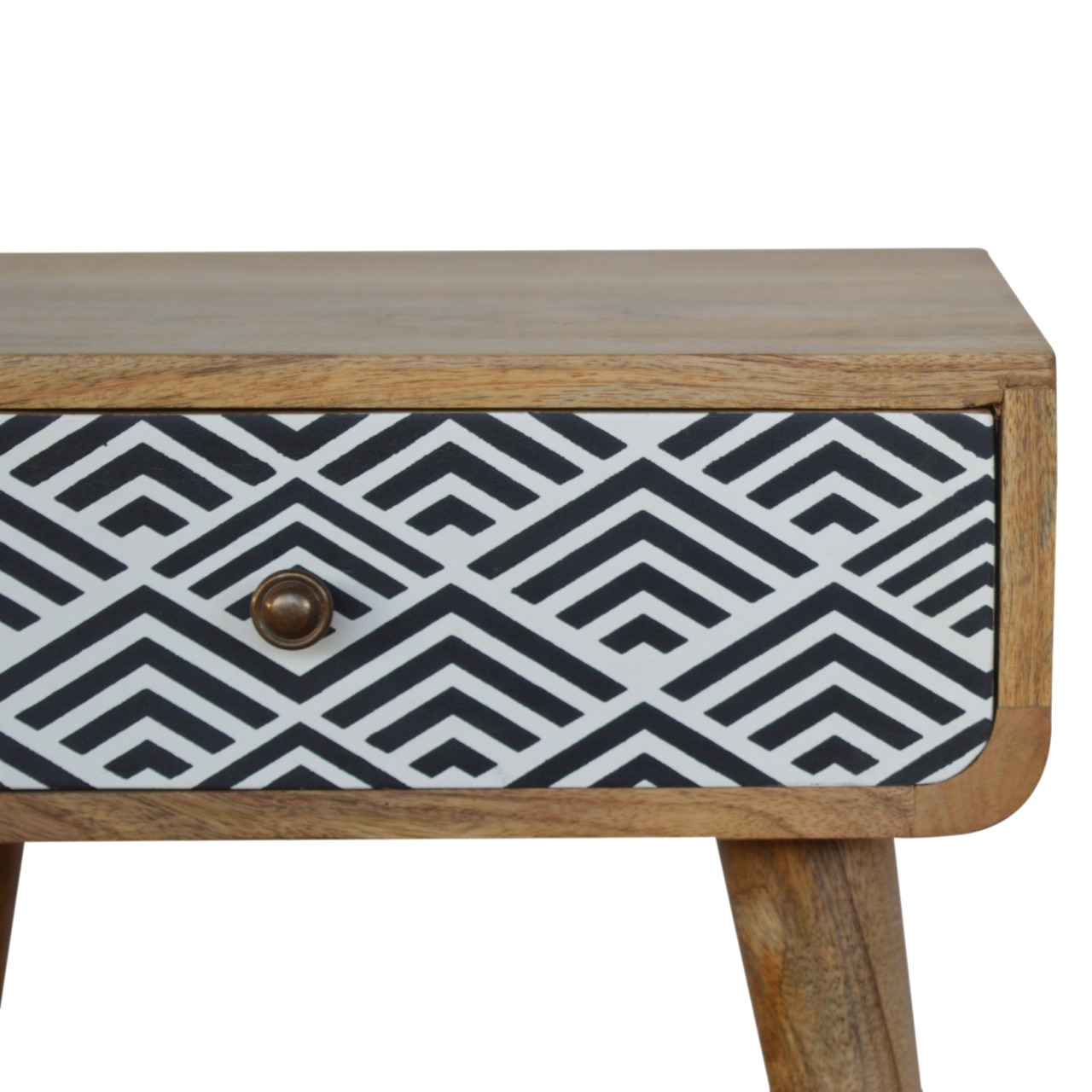 Solid Mango Wood Oak Finished 1 Drawer Hand Painted Monochrome Print Bedside - Image 6