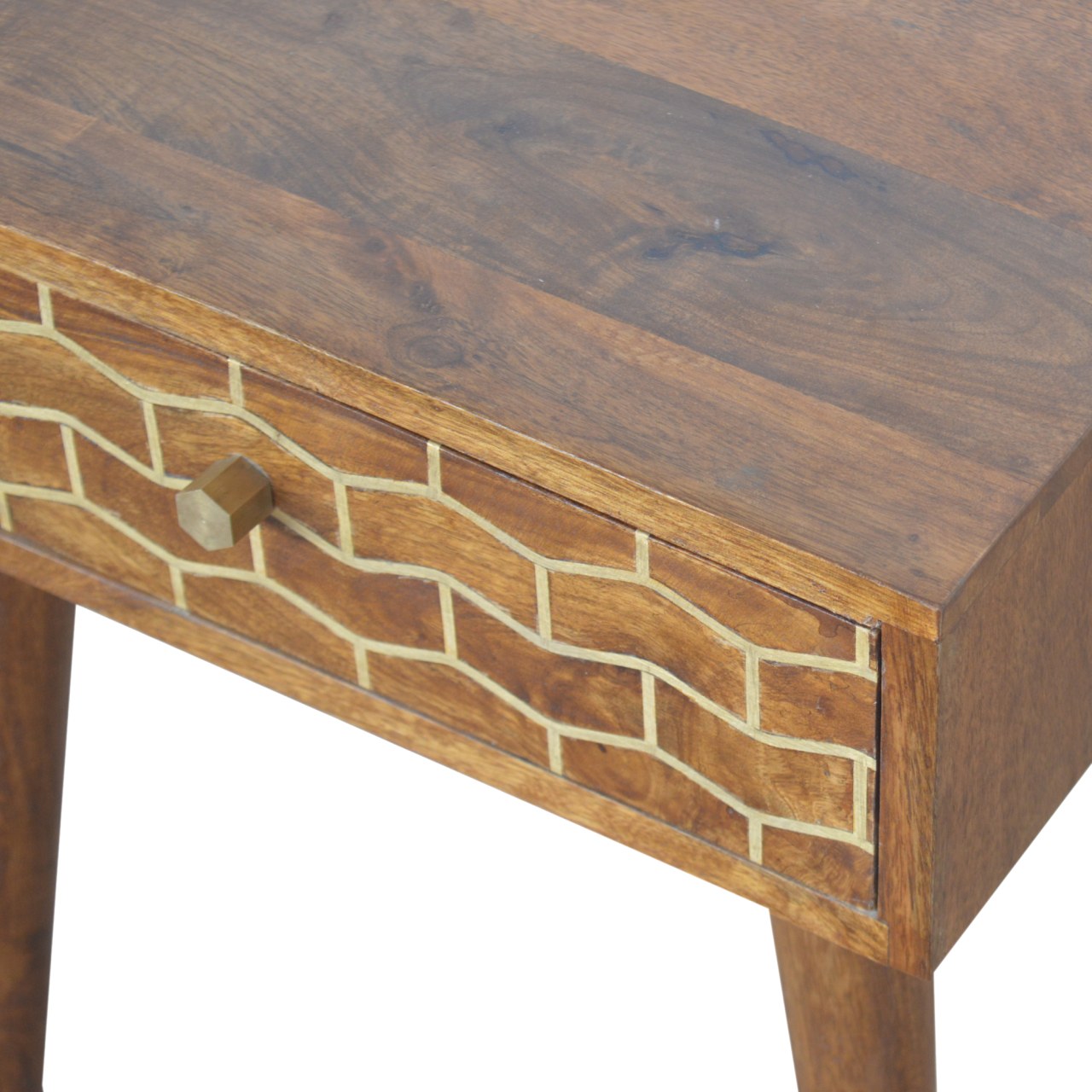 Solid Mango Wood Chestnut Finished 1 Drawer Gold Art Pattern Bedside - Image 5