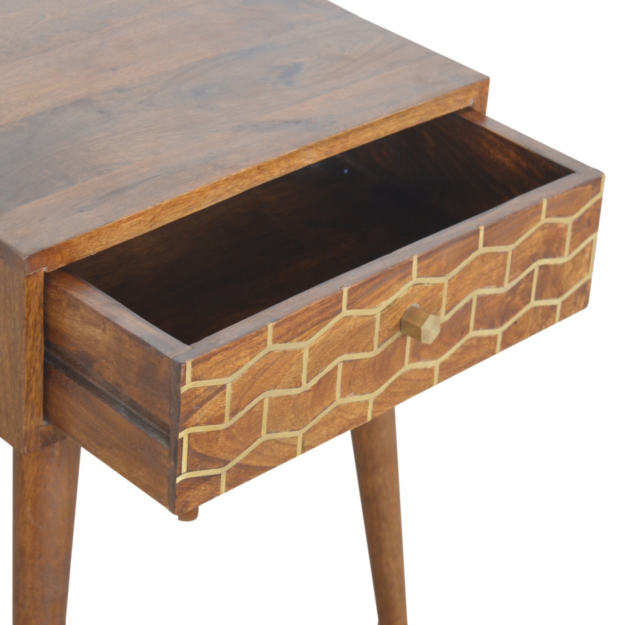 Solid Mango Wood Chestnut Finished 1 Drawer Gold Art Pattern Bedside - Image 8