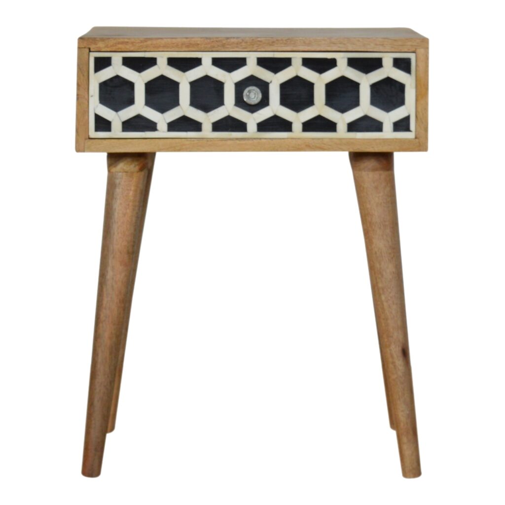 Solid Mango Wood Oak Finished 1 Drawer Bone Inlay Bedside