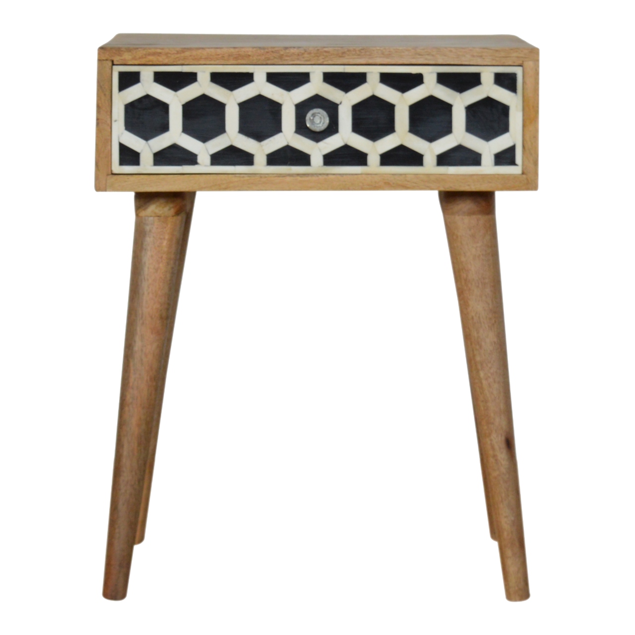Solid Mango Wood Oak Finished 1 Drawer Bone Inlay Bedside