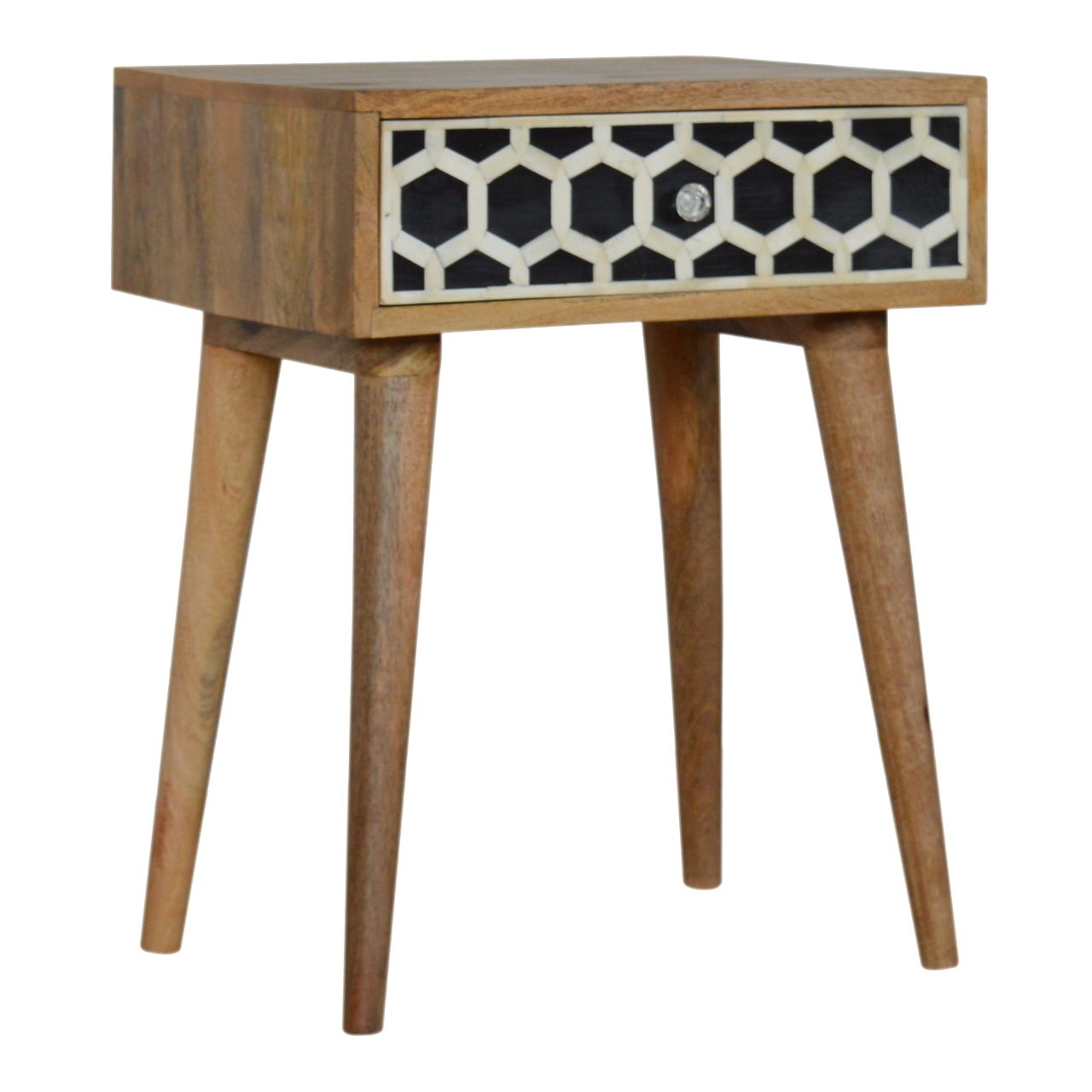 Solid Mango Wood Oak Finished 1 Drawer Bone Inlay Bedside - Image 2
