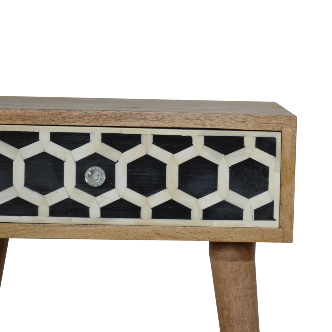 Solid Mango Wood Oak Finished 1 Drawer Bone Inlay Bedside - Image 3