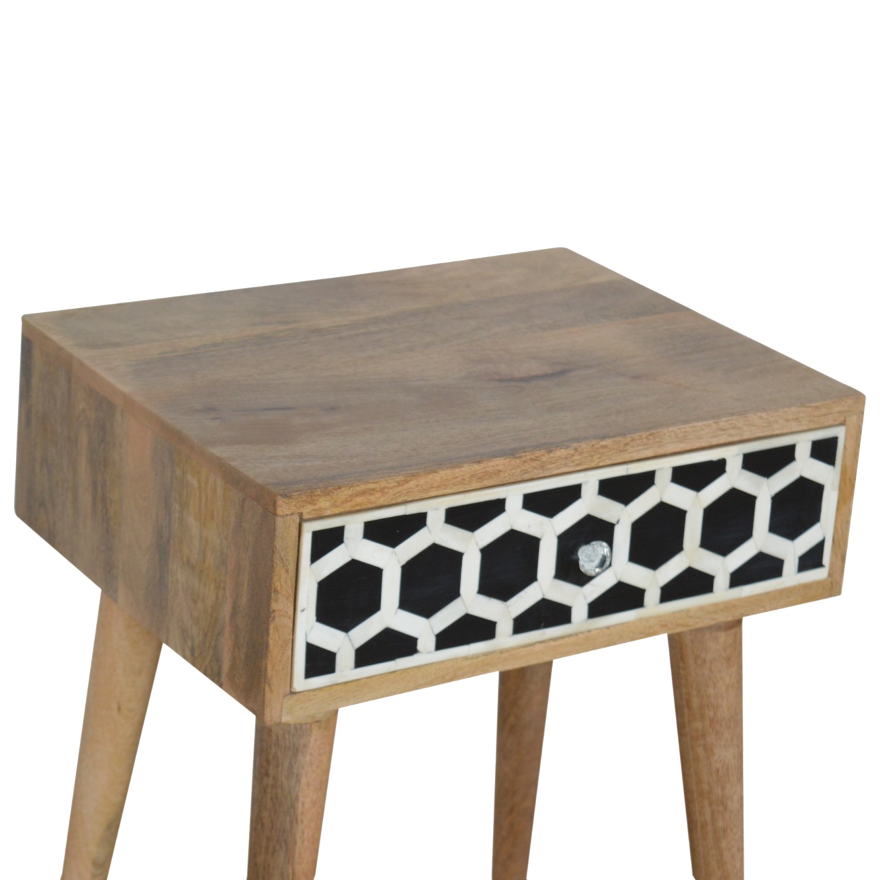Solid Mango Wood Oak Finished 1 Drawer Bone Inlay Bedside - Image 6