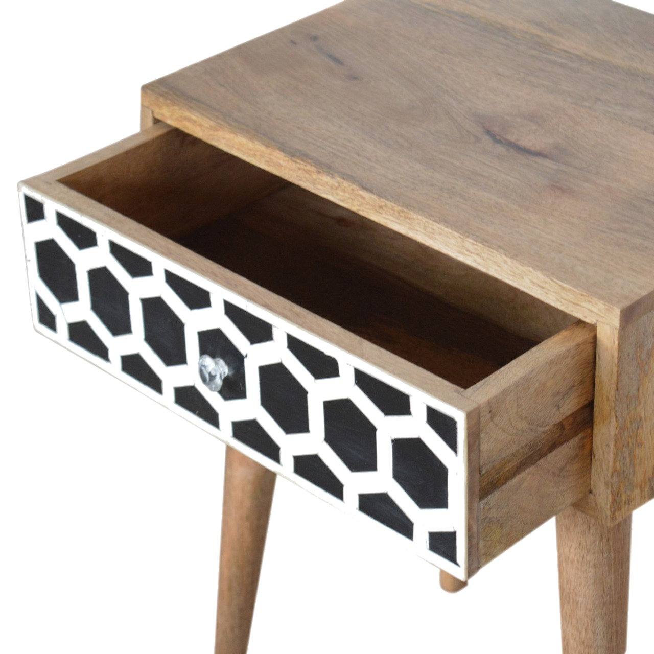 Solid Mango Wood Oak Finished 1 Drawer Bone Inlay Bedside - Image 7