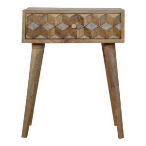 Solid Mango Wood Oak Finished Cube Carved 1 Drawer Bedside