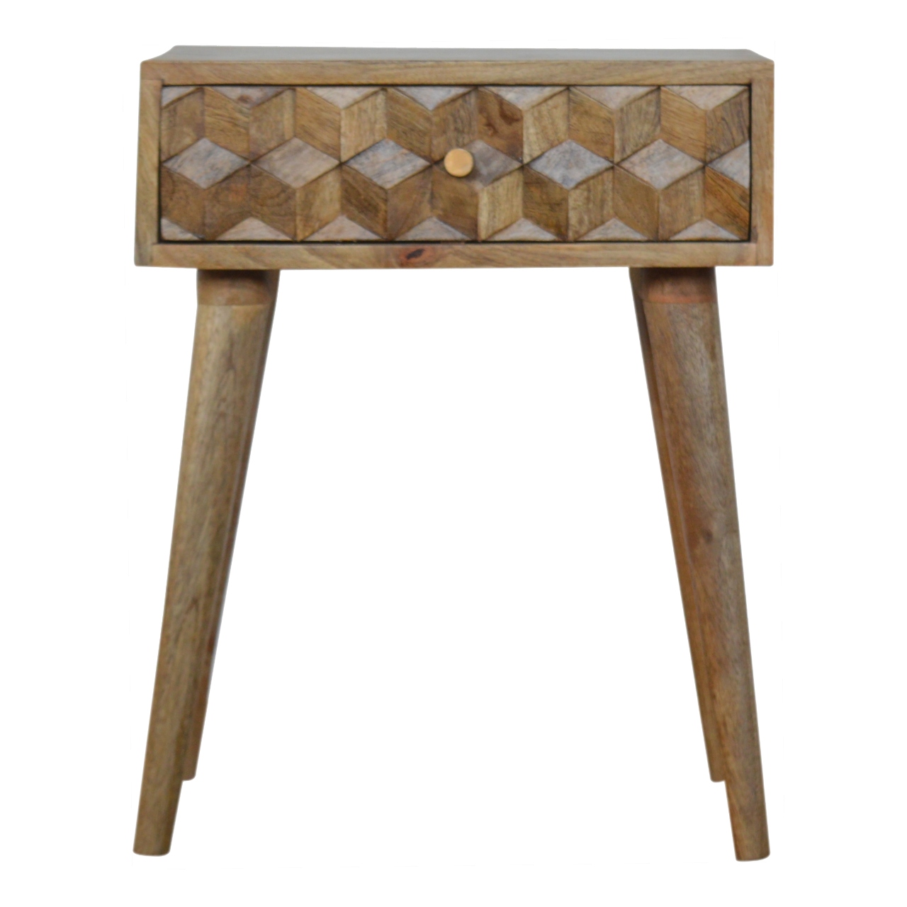 Solid Mango Wood Oak Finished Cube Carved 1 Drawer Bedside