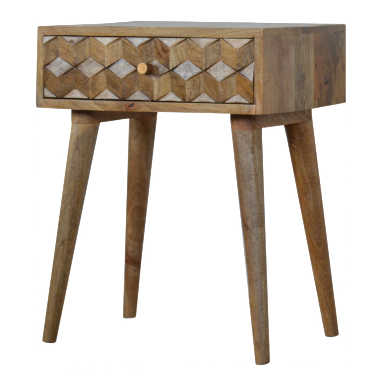 Solid Mango Wood Oak Finished Cube Carved 1 Drawer Bedside - Image 2