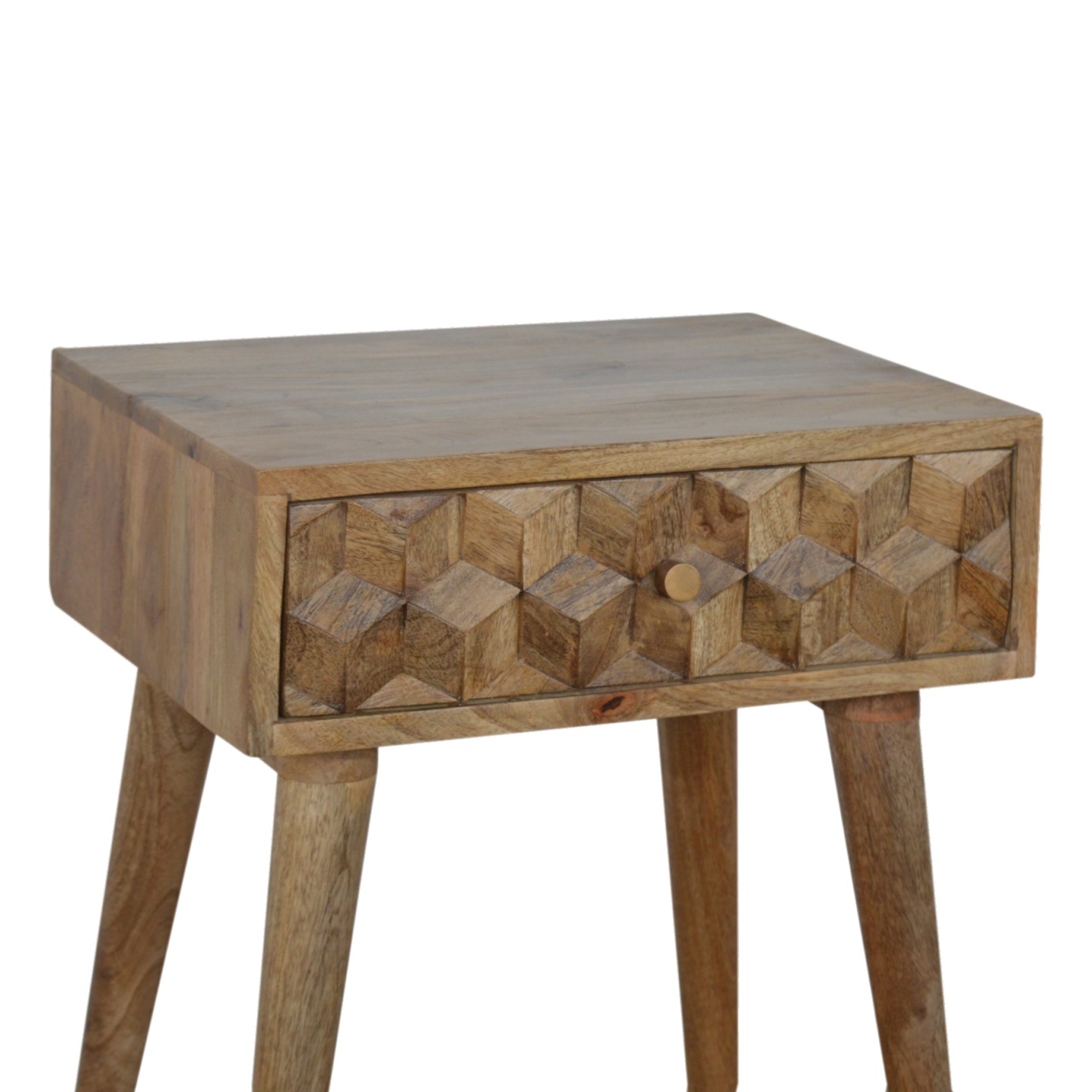 Solid Mango Wood Oak Finished Cube Carved 1 Drawer Bedside - Image 3