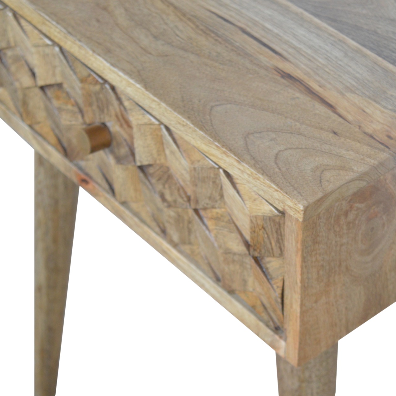 Solid Mango Wood Oak Finished Cube Carved 1 Drawer Bedside - Image 4