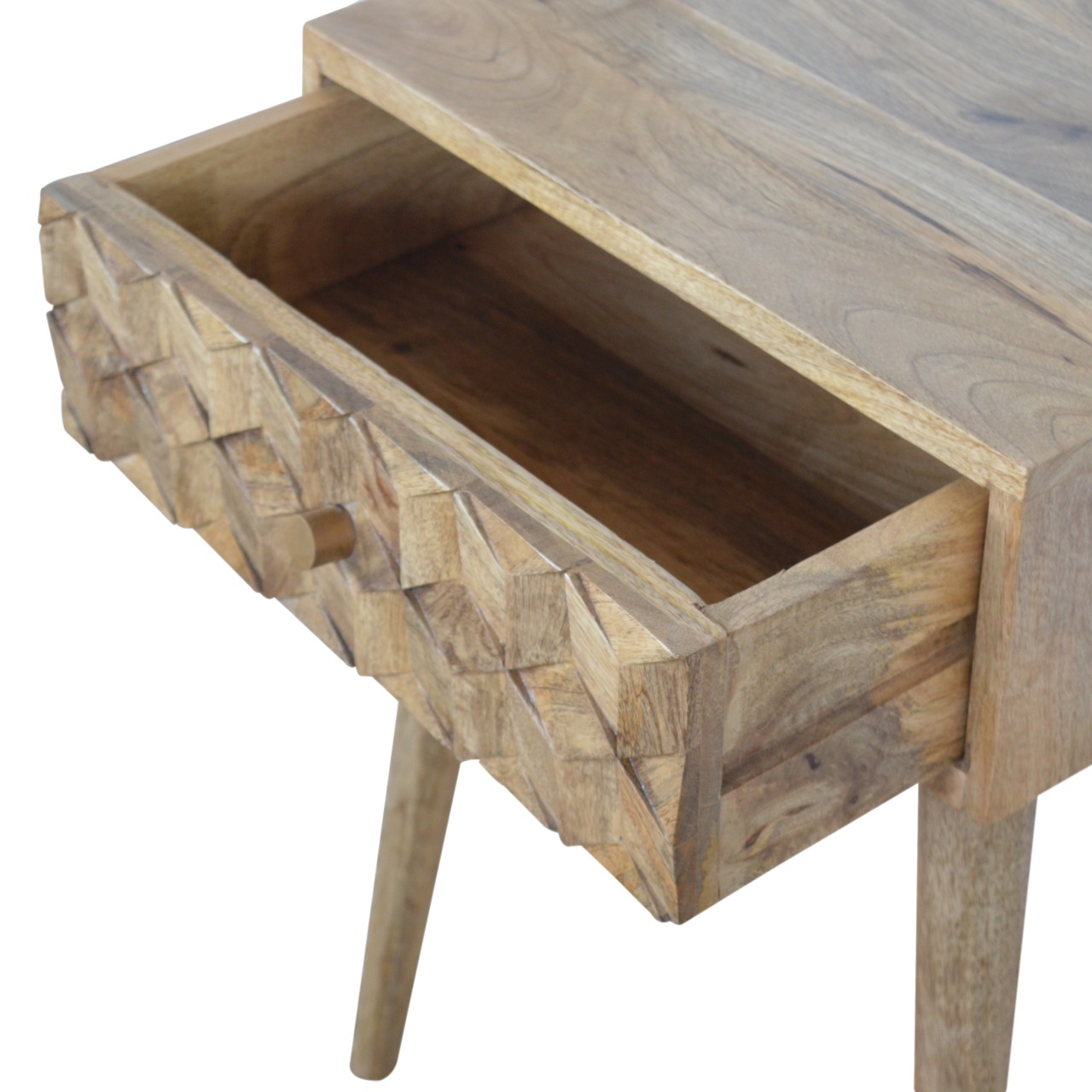 Solid Mango Wood Oak Finished Cube Carved 1 Drawer Bedside - Image 5