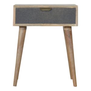 Solid Mango Wood Oak Finished 1 Drawer Grey Tweed Front Bedside