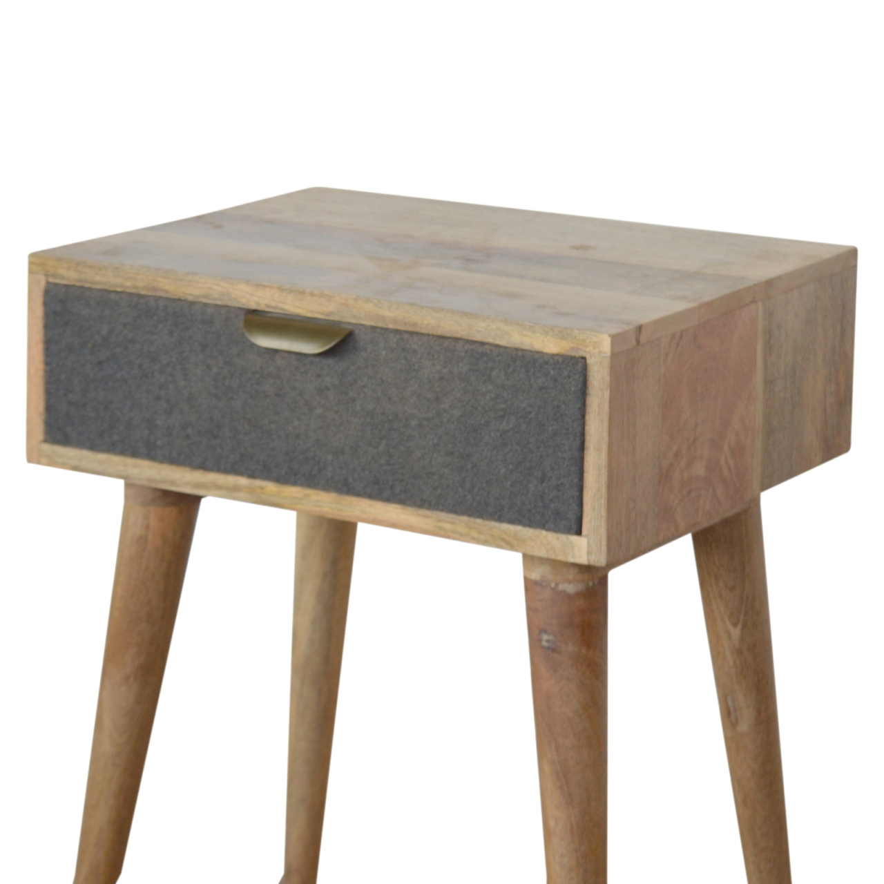 Solid Mango Wood Oak Finished 1 Drawer Grey Tweed Front Bedside - Image 4