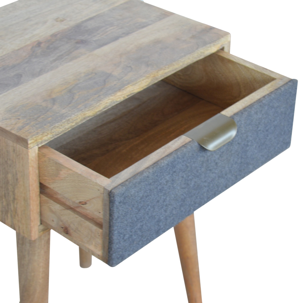 Solid Mango Wood Oak Finished 1 Drawer Grey Tweed Front Bedside - Image 7
