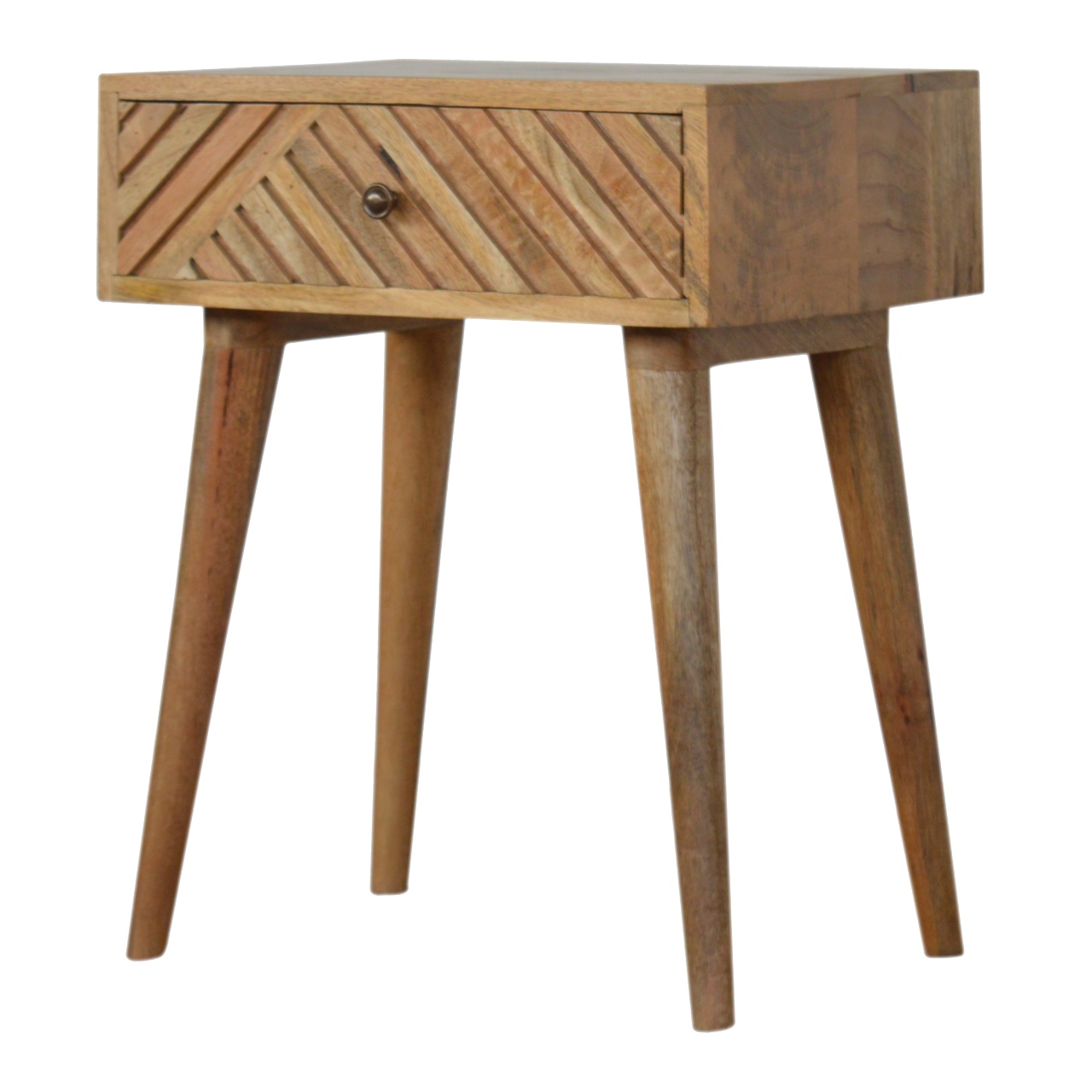Solid Mango Wood Oak Finished 1 Drawer Lille Patterned Bedside - Image 2