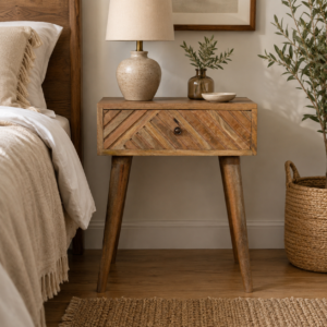 Solid Mango Wood Oak Finished 1 Drawer Lille Patterned Bedside