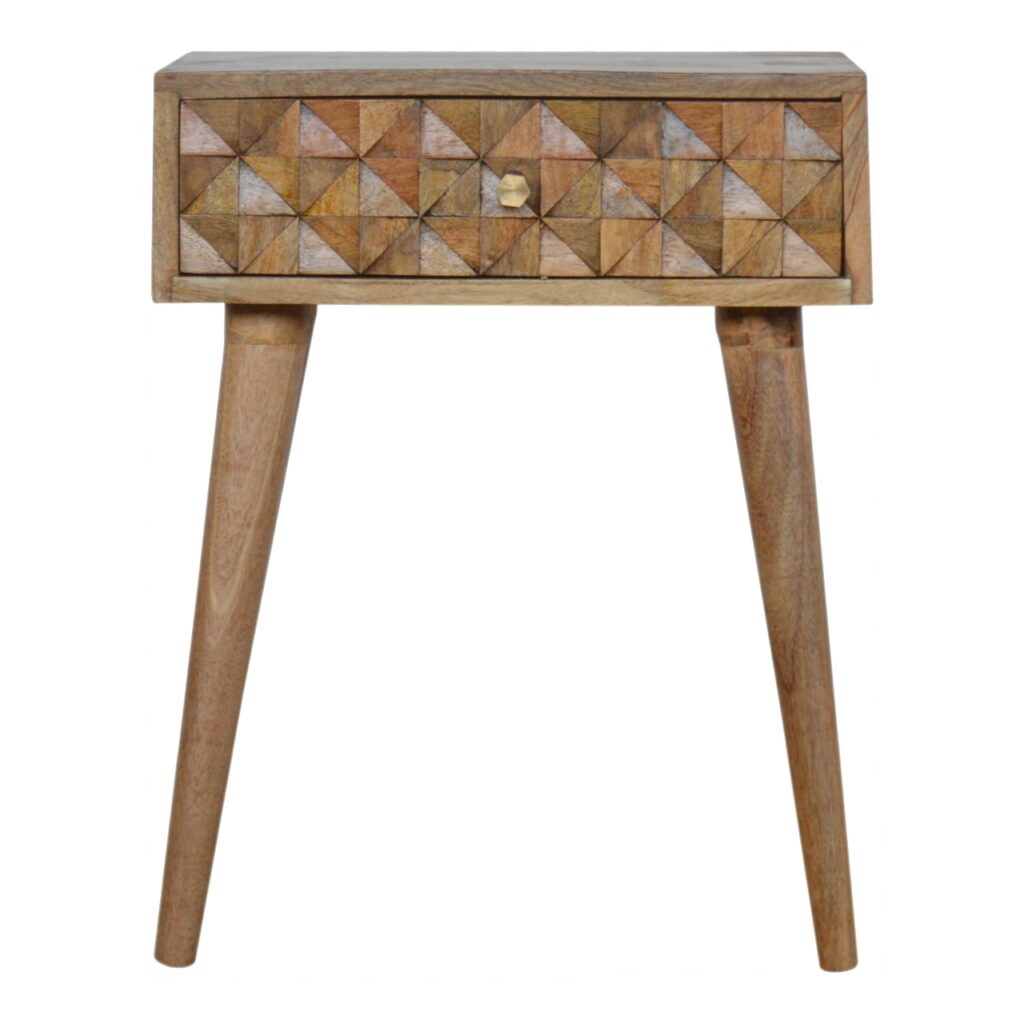 Solid Mango Wood Oak Finished 1 Drawer Diamond Pattern Bedside