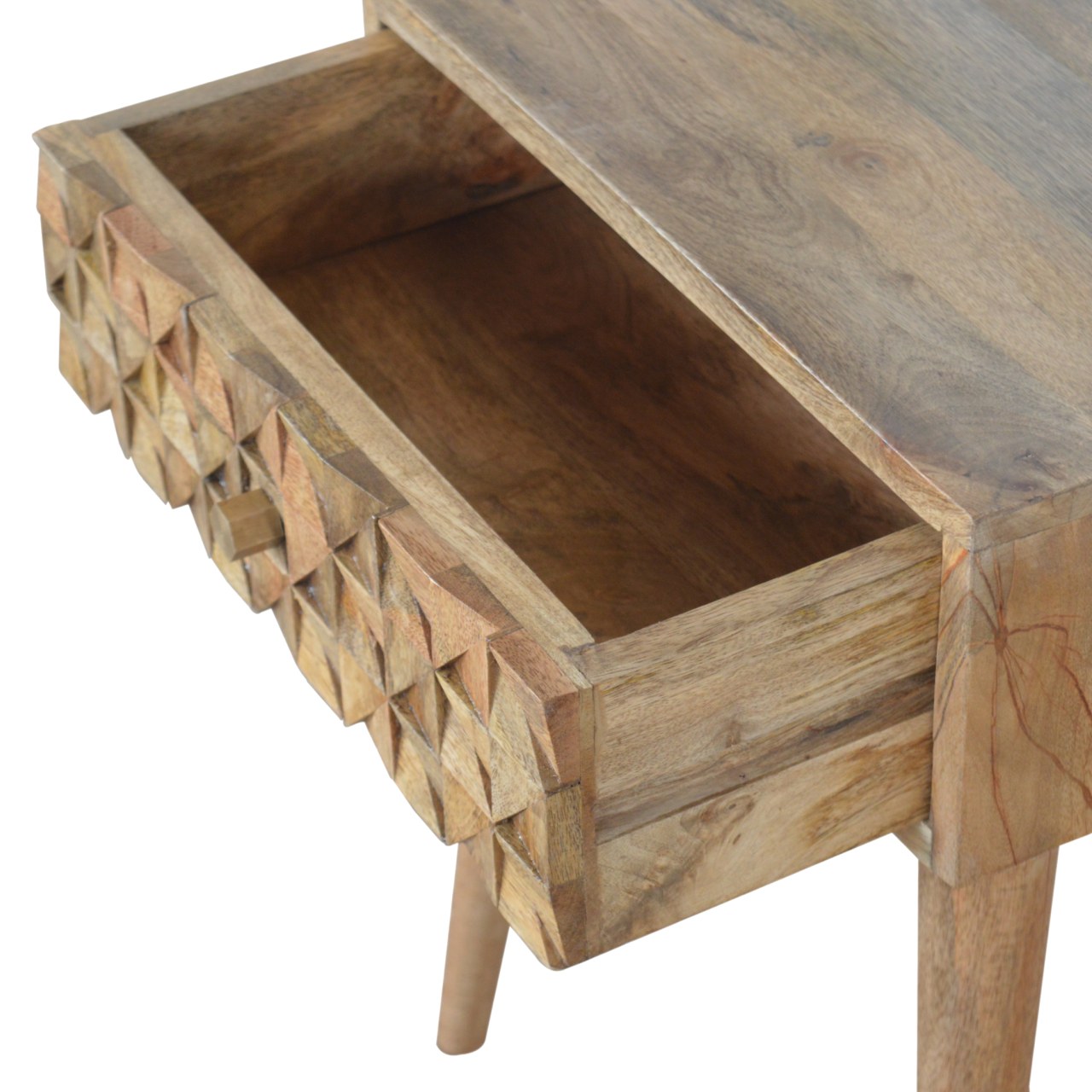 Solid Mango Wood Oak Finished 1 Drawer Diamond Pattern Bedside - Image 6