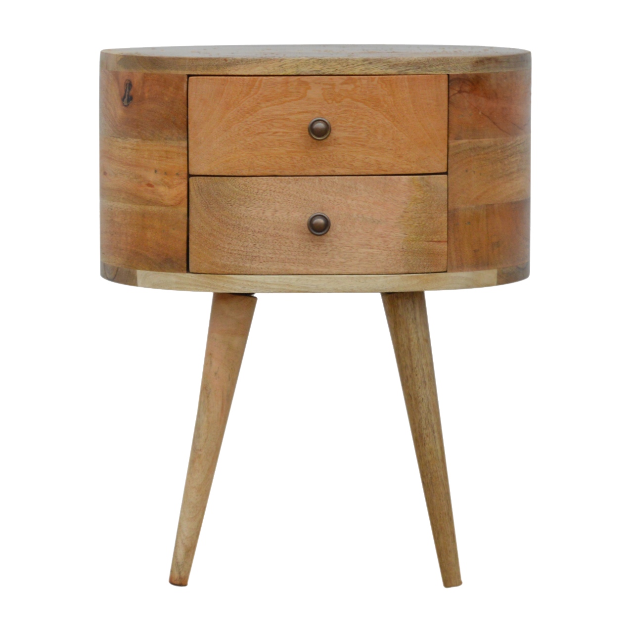 Solid Mango Wood Oak Finished Rounded Bedside Table