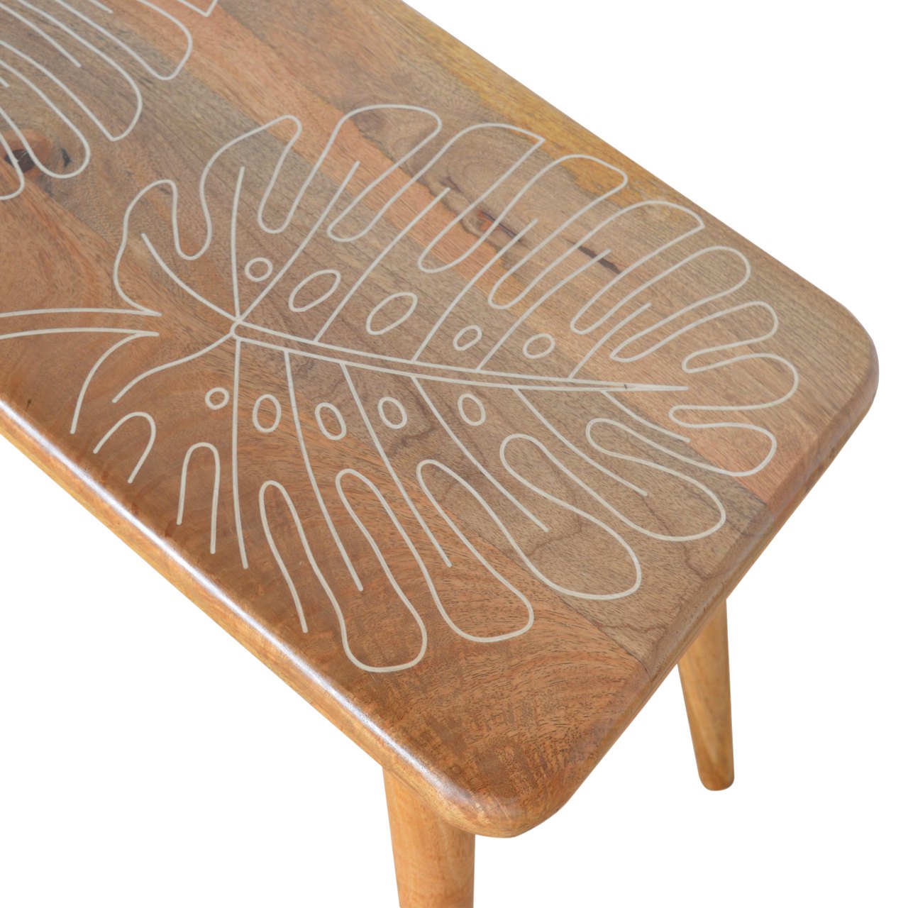 Solid Mango Wood Oak Finished Leaf Resin Top Print Bench - Image 5