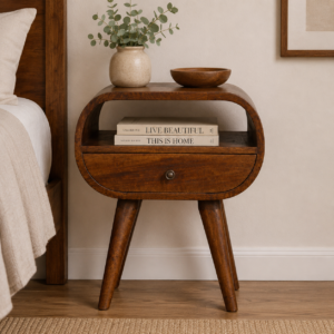 Solid Mango Wood Chestnut Finished Curved 1 Drawer Bedside