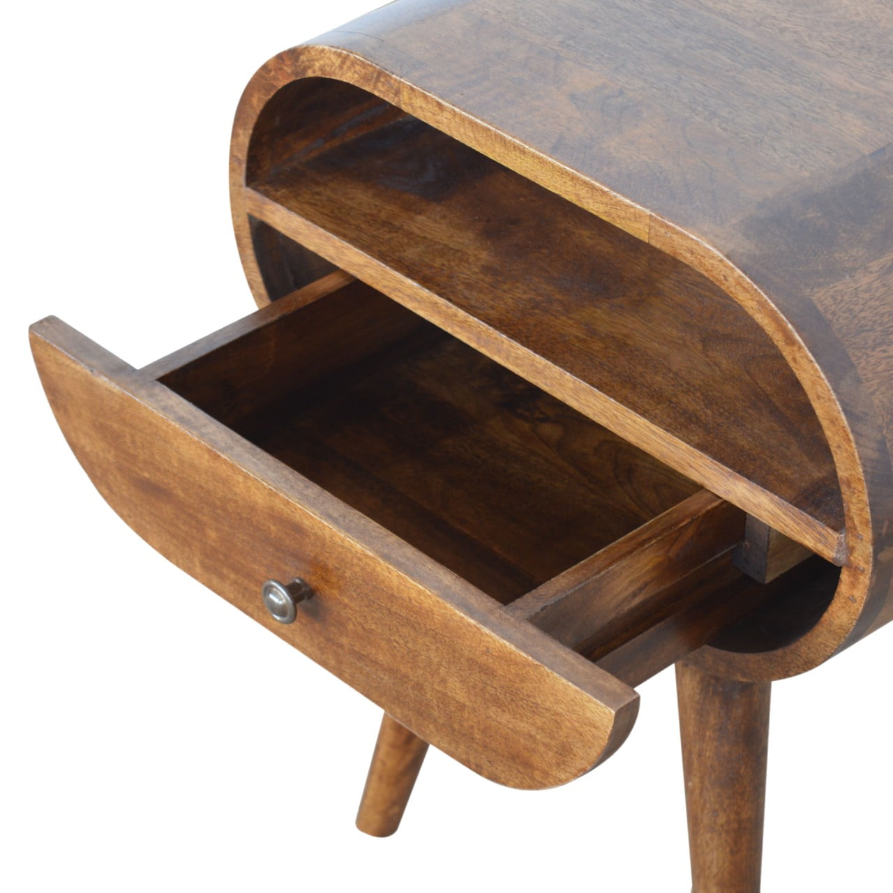 Solid Mango Wood Chestnut Finished Curved 1 Drawer Bedside - Image 5
