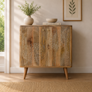 Solid Mango Wood Oak Finished 2 Door Resin Embossed Cabinet
