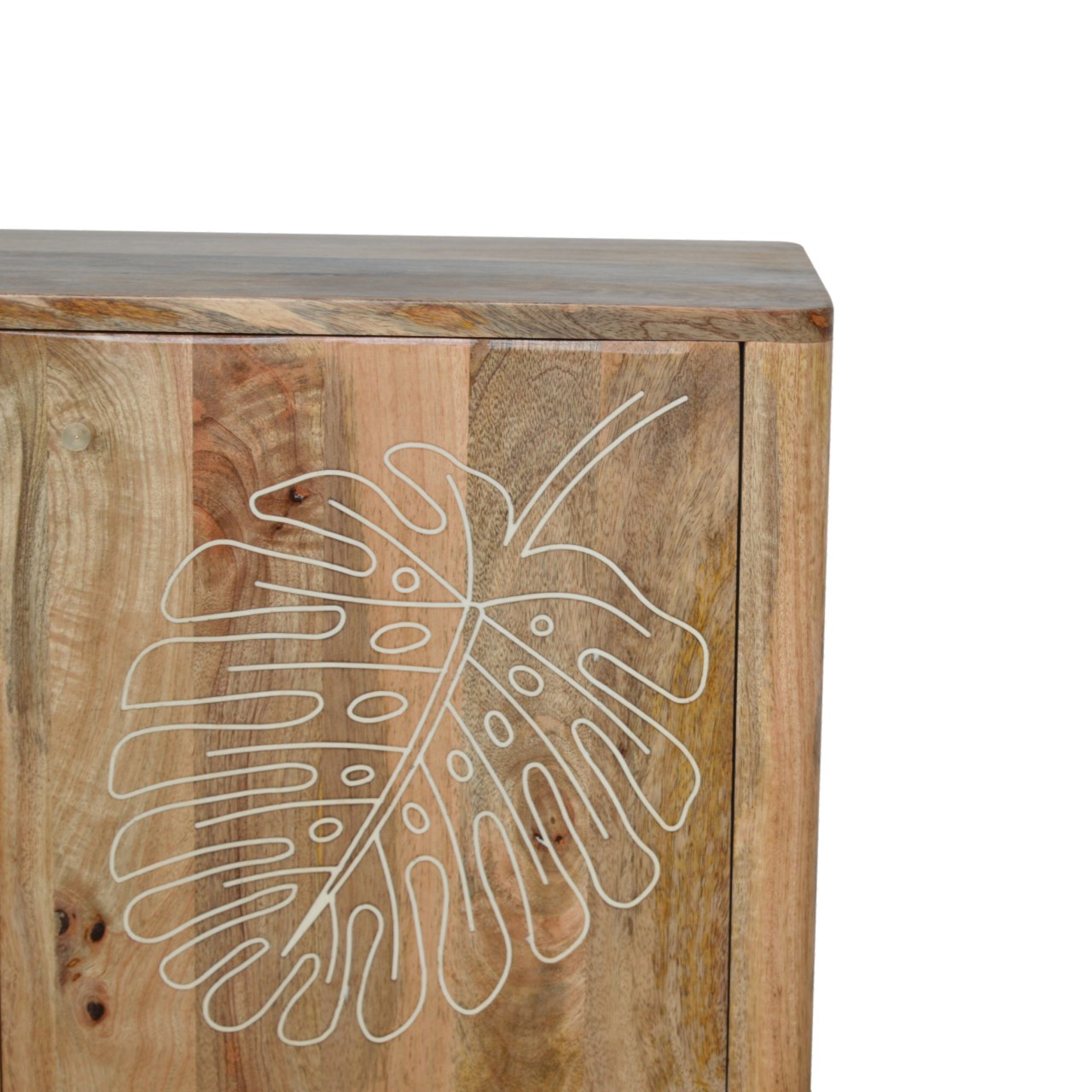Solid Mango Wood Oak Finished 2 Door Resin Embossed Cabinet - Image 4