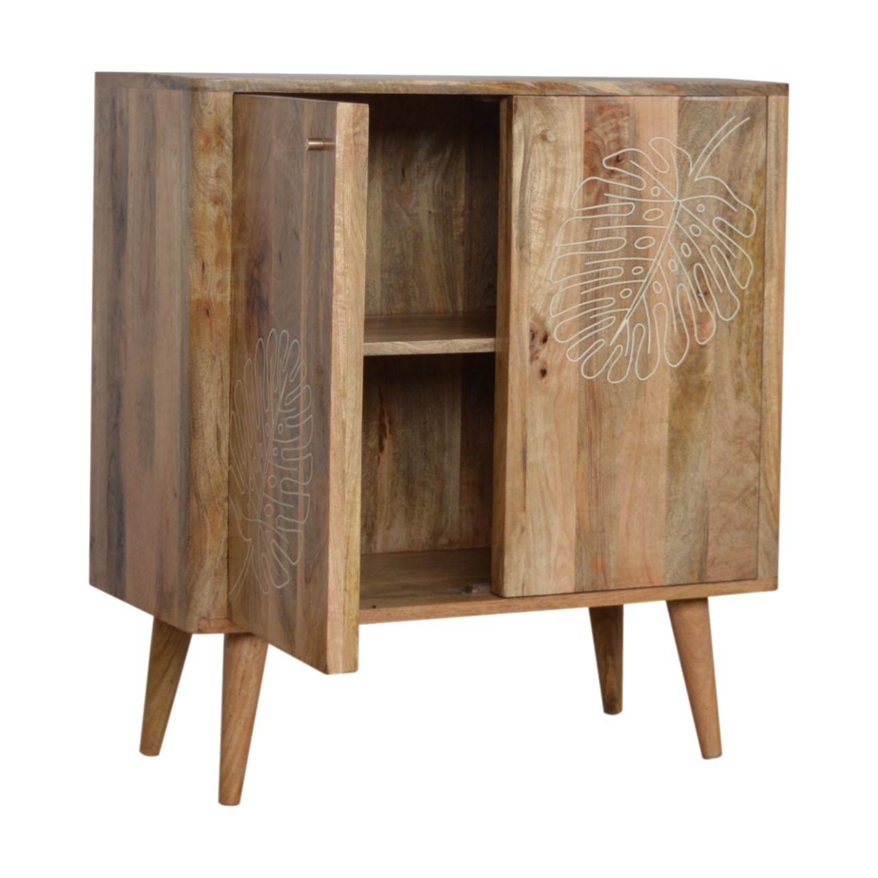 Solid Mango Wood Oak Finished 2 Door Resin Embossed Cabinet - Image 7