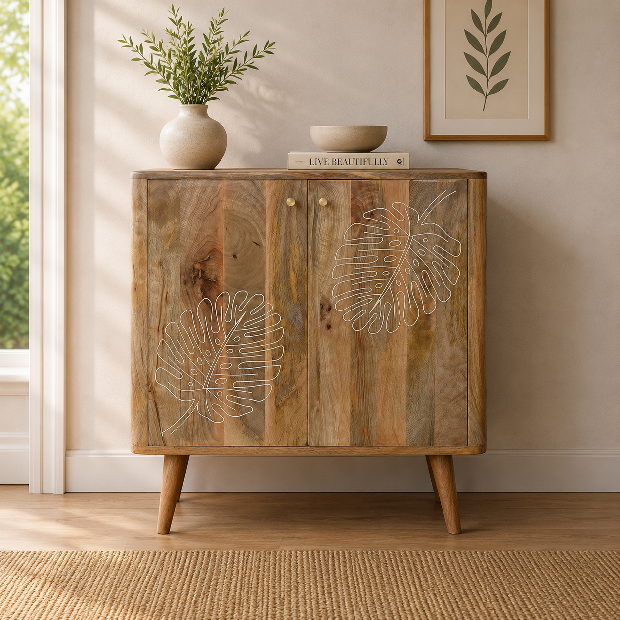 Solid Mango Wood Oak Finished 2 Door Resin Embossed Cabinet